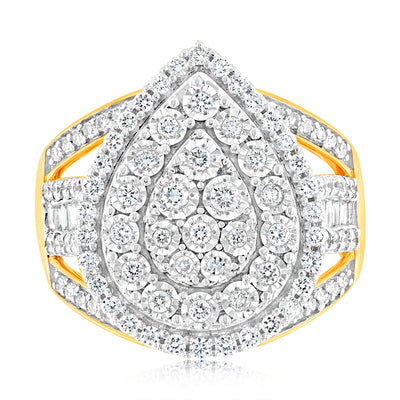Luminesce Lab Grown 1Carat Cluster Pear Shaped Diamond Ring in 9ct Yellow Gold
