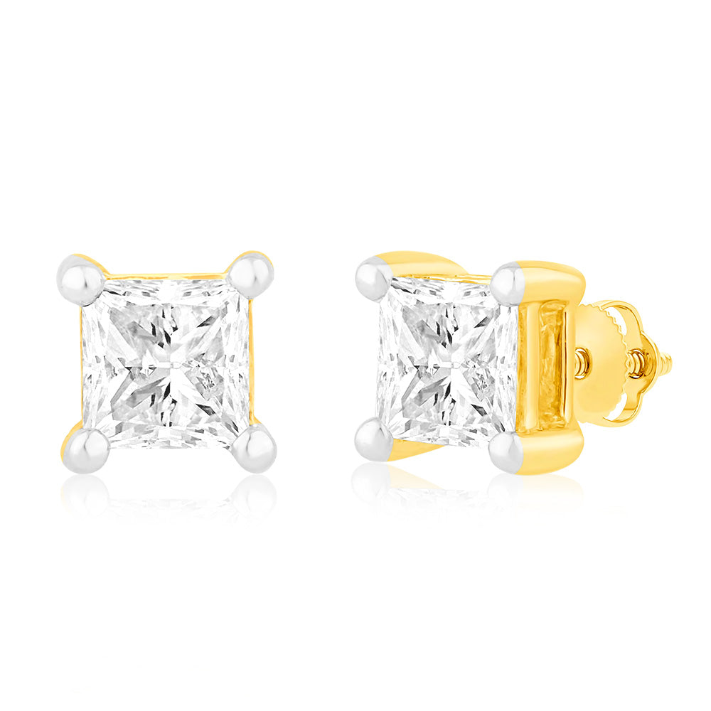 Luminesce Lab Grown Princess Cut 1 Carat Diamond Stud Earrings in 14ct Yellow Gold