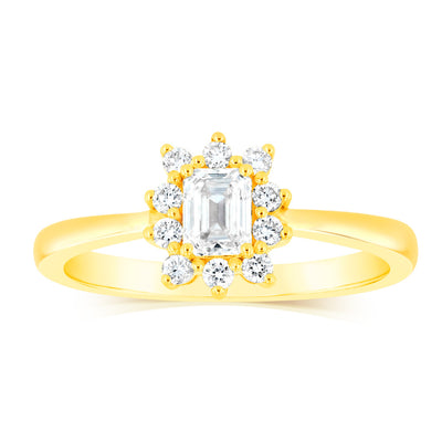 Luminesce Lab Grown 1/2 Carat Diamond Halo Solitaire Ring with Emerald Center Diamond in 9ct Yellow Gold