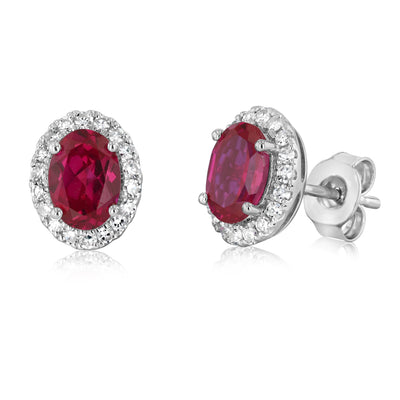 Luminesce Lab Grown 2 Carats Created Ruby with 0.30 Carat Diamond Stud Earrings in Sterling Silver