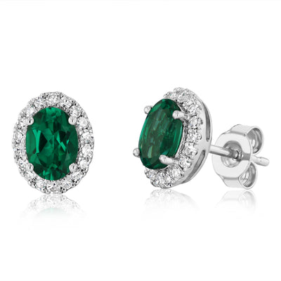 Luminesce Lab Grown 2 Carats Created Emerald with 0.30 Carat Diamond Stud Earrings in Sterling Silver