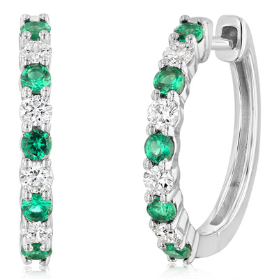 Luminesce Lab Grown 0.40 Carat Created Emerald with 1/4 Carat Diamond Hoop Earrings in Sterling Silver