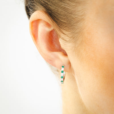 Luminesce Lab Grown 0.40 Carat Created Emerald with 1/4 Carat Diamond Hoop Earrings in Sterling Silver