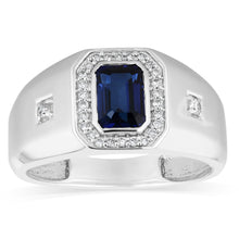 Load image into Gallery viewer, 1.20ct Created Blue Sapphire and Luminesce Lab Grown 1/6 Carat Diamond Gents Ring in Sterling Silver