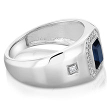 Load image into Gallery viewer, 1.20ct Created Blue Sapphire and Luminesce Lab Grown 1/6 Carat Diamond Gents Ring in Sterling Silver