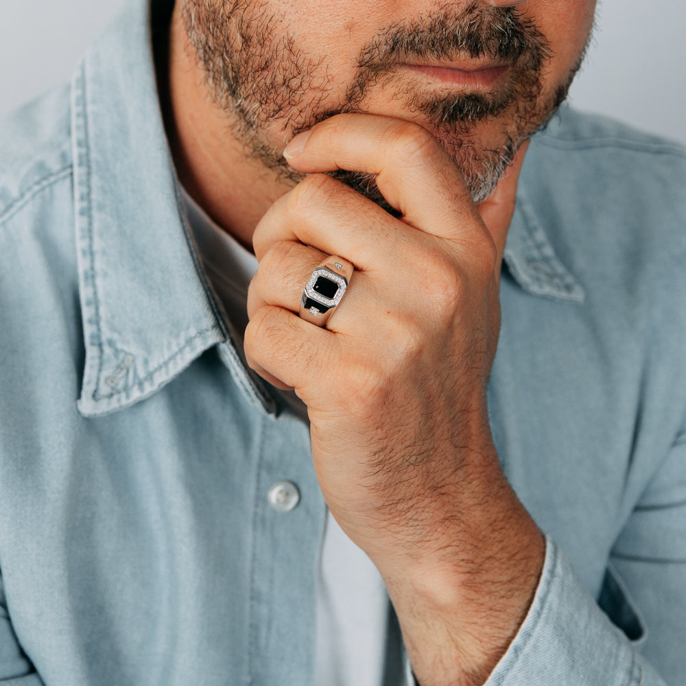 1.20ct Created Blue Sapphire and Luminesce Lab Grown 1/6 Carat Diamond Gents Ring in Sterling Silver