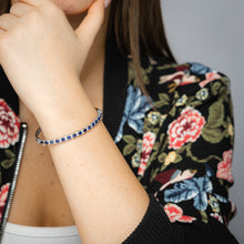 Load image into Gallery viewer, Created Blue Sapphire and Luminesce Lab Grown 1/4 Carat Diamond Bangle in Sterling Silver