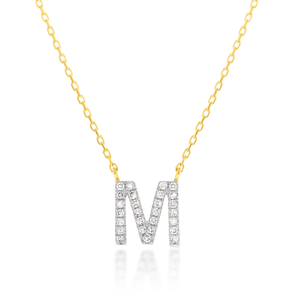 Luminesce Lab Diamond M Initial Pendant in 9ct Yellow Gold with Adjustable 45cm Chain