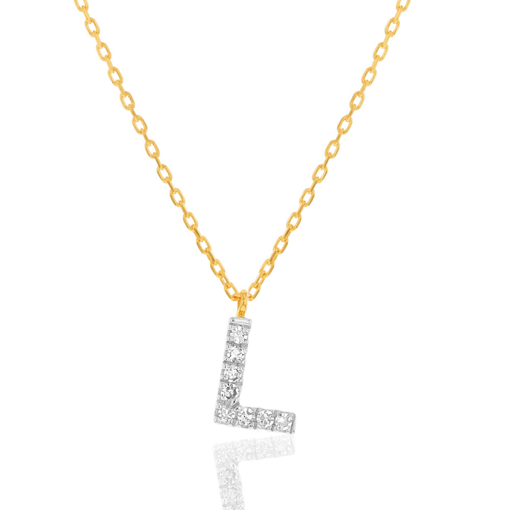 Luminesce Lab Diamond L Initial Pendant in 9ct Yellow Gold with Adjustable 42cm Chain