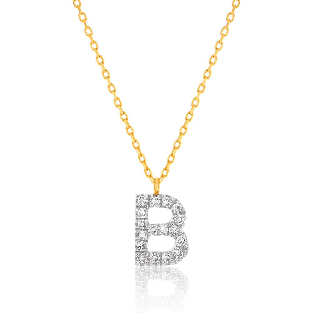 Luminesce Lab Diamond B Initial Pendant in 9ct Yellow Gold with Adjustable 45cm Chain