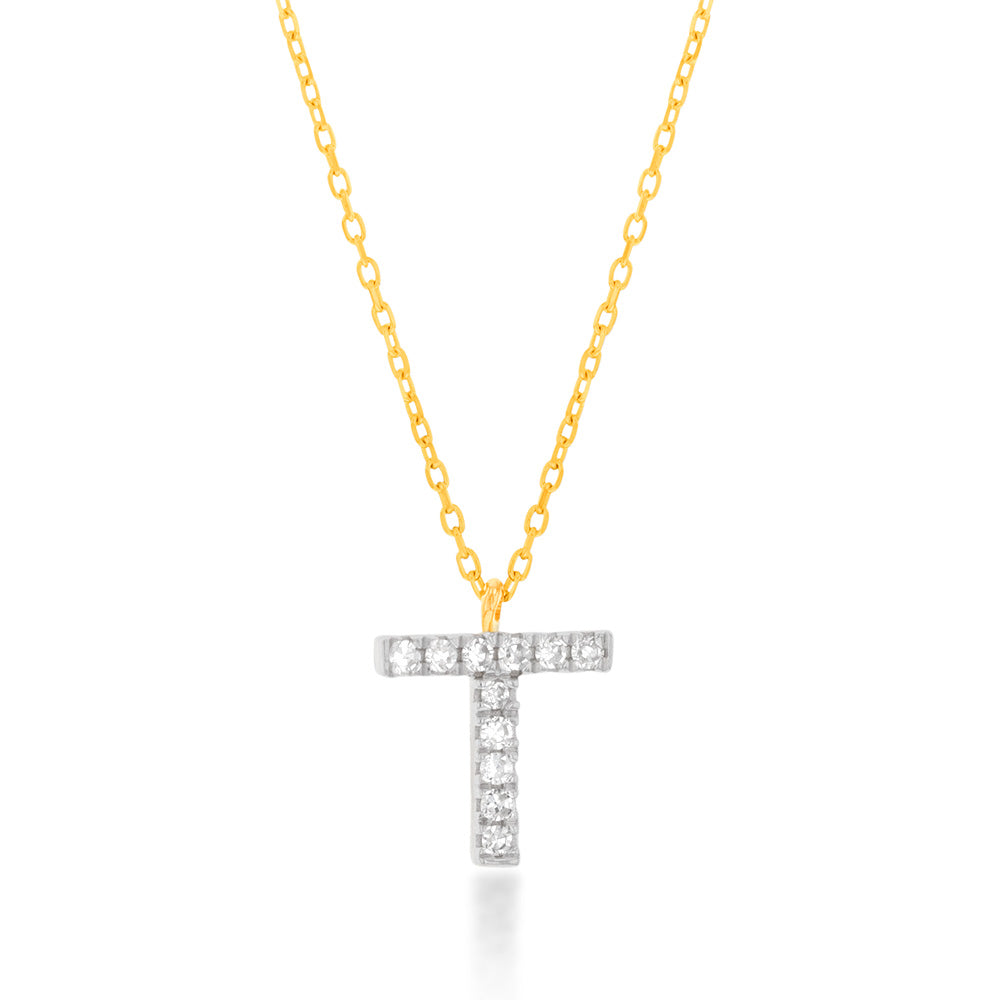 Luminesce Lab Diamond T Initial Pendant in 9ct Yellow Gold with Adjustable 45cm Chain