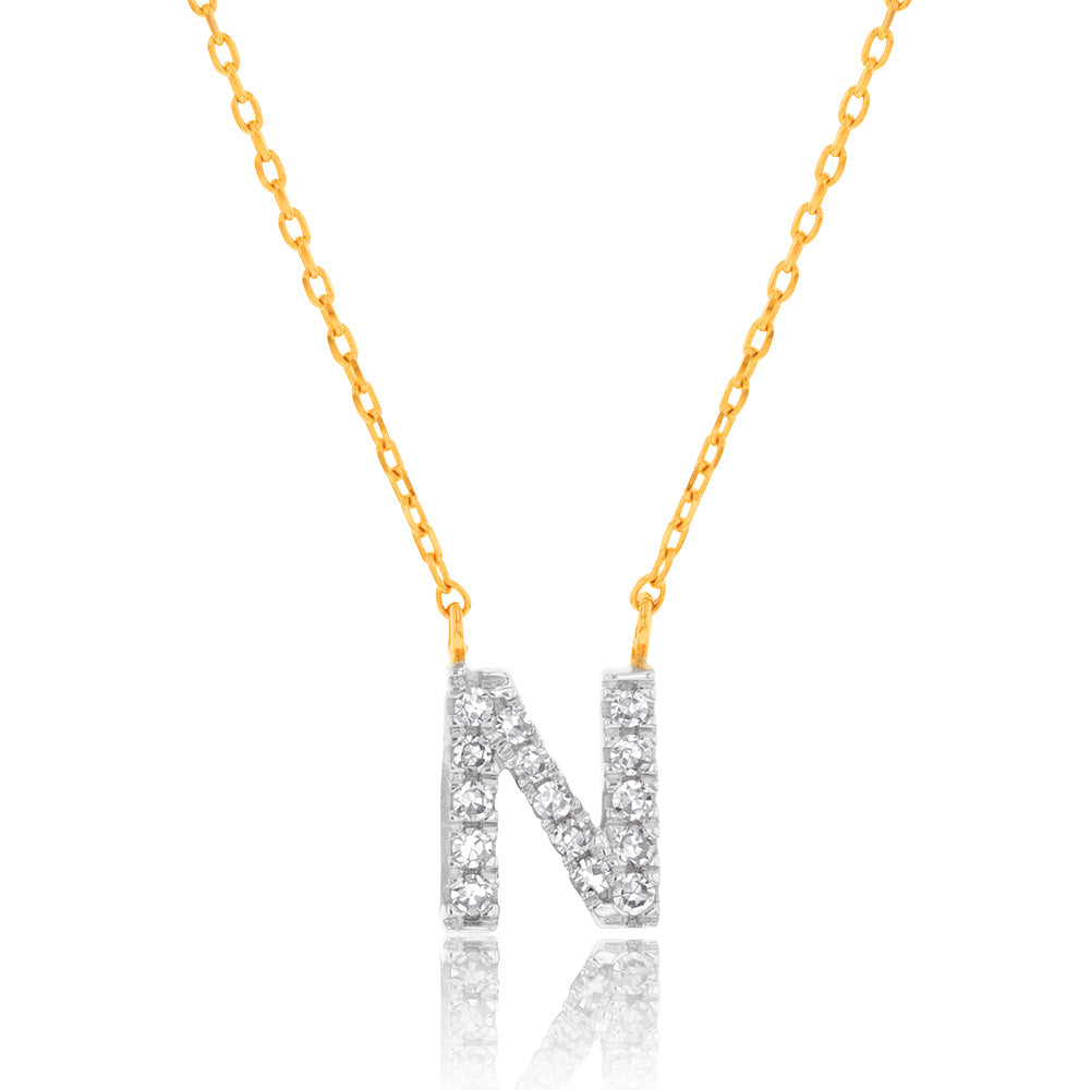 Luminesce Lab Diamond N Initial Pendant in 9ct Yellow Gold with Adjustable 45cm Chain