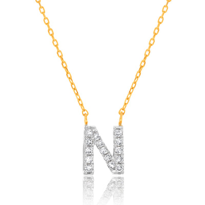 Luminesce Lab Diamond N Initial Pendant in 9ct Yellow Gold with Adjustable 45cm Chain