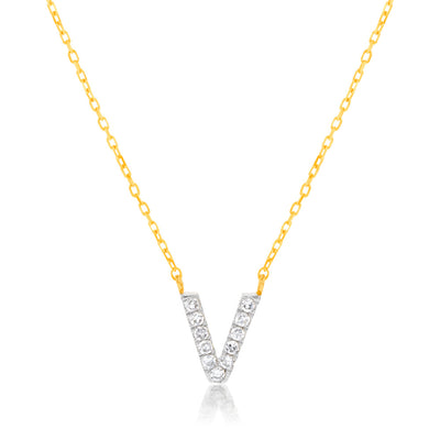 Luminesce Lab Diamond V Initial Pendant in 9ct Yellow Gold with Adjustable 45cm Chain