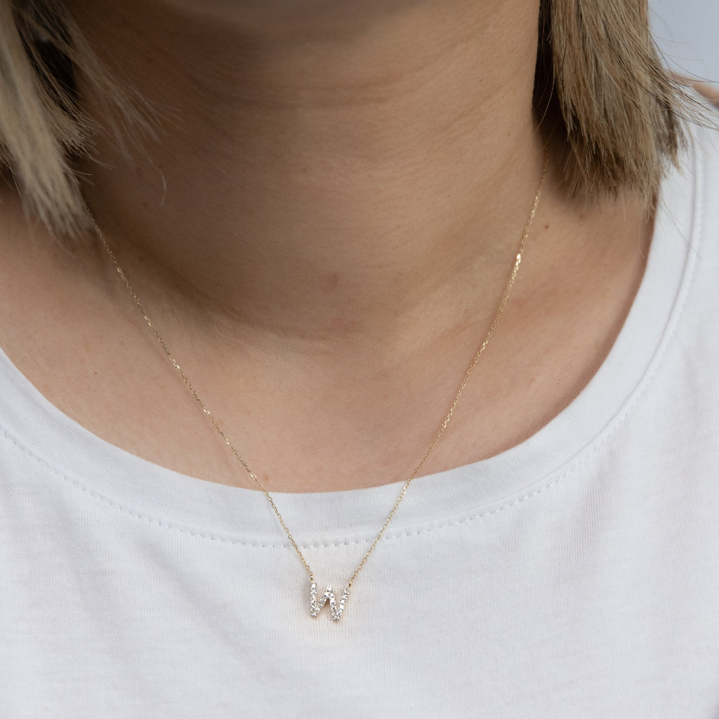 Luminesce Lab Diamond W Initial Pendant in 9ct Yellow Gold with Adjustable 45cm Chain