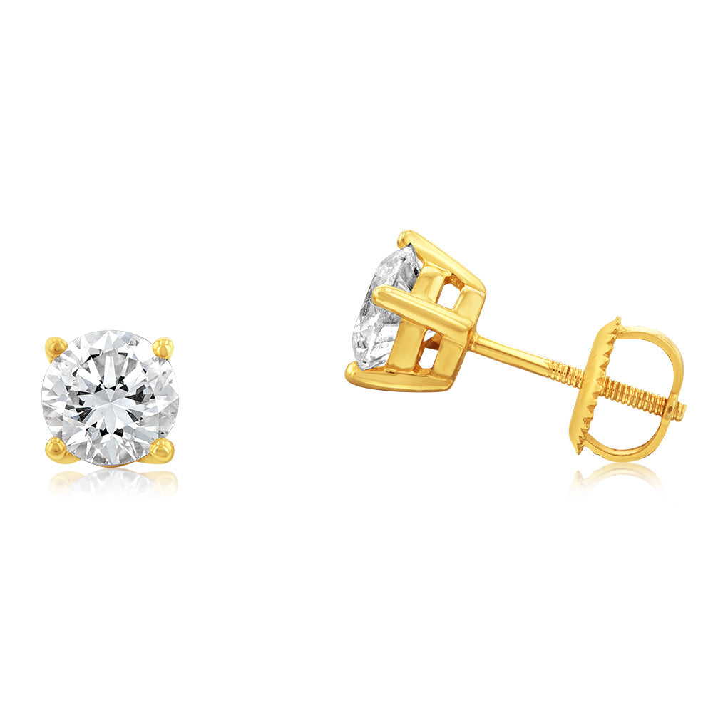 Luminesce Lab Grown Diamond TW=1.5 Carat Solitaire Stud Earrings in 14ct Yellow Gold