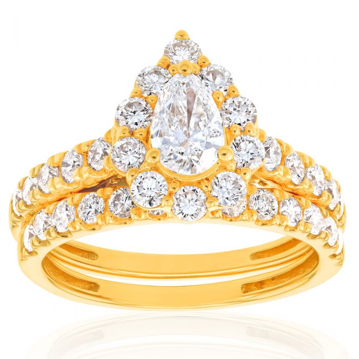 Luminesce Lab Grown Diamond 1.5Ct Bridal Set Pear Centre Halo in 14ct Yellow Gold