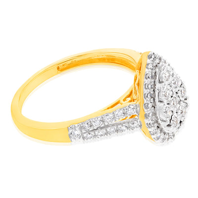 Luminesce Lab Grown Pear Ring with 1/2 Carat 54 Diamonds Set in 9 Carat Yellow Gold