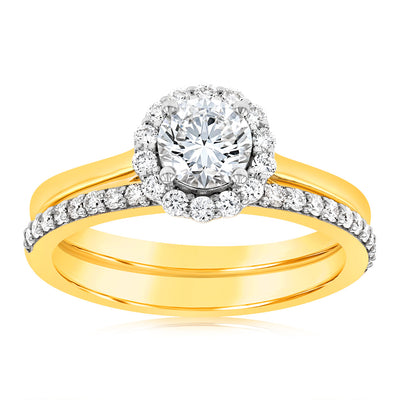 Luminesce Lab Grown Diamond 1 Carat Bridal Set in Halo Design set in 18ct Yellow Gold