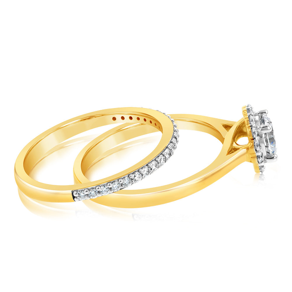 Luminesce Lab Grown Diamond 1 Carat Bridal Set in Halo Design set in 18ct Yellow Gold