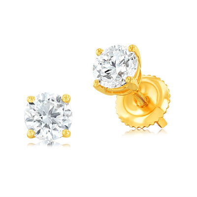 14ct Yellow Gold Luminesce Lab Grown 1 Carat Diamond Screwback Solitaire Stud Earrings