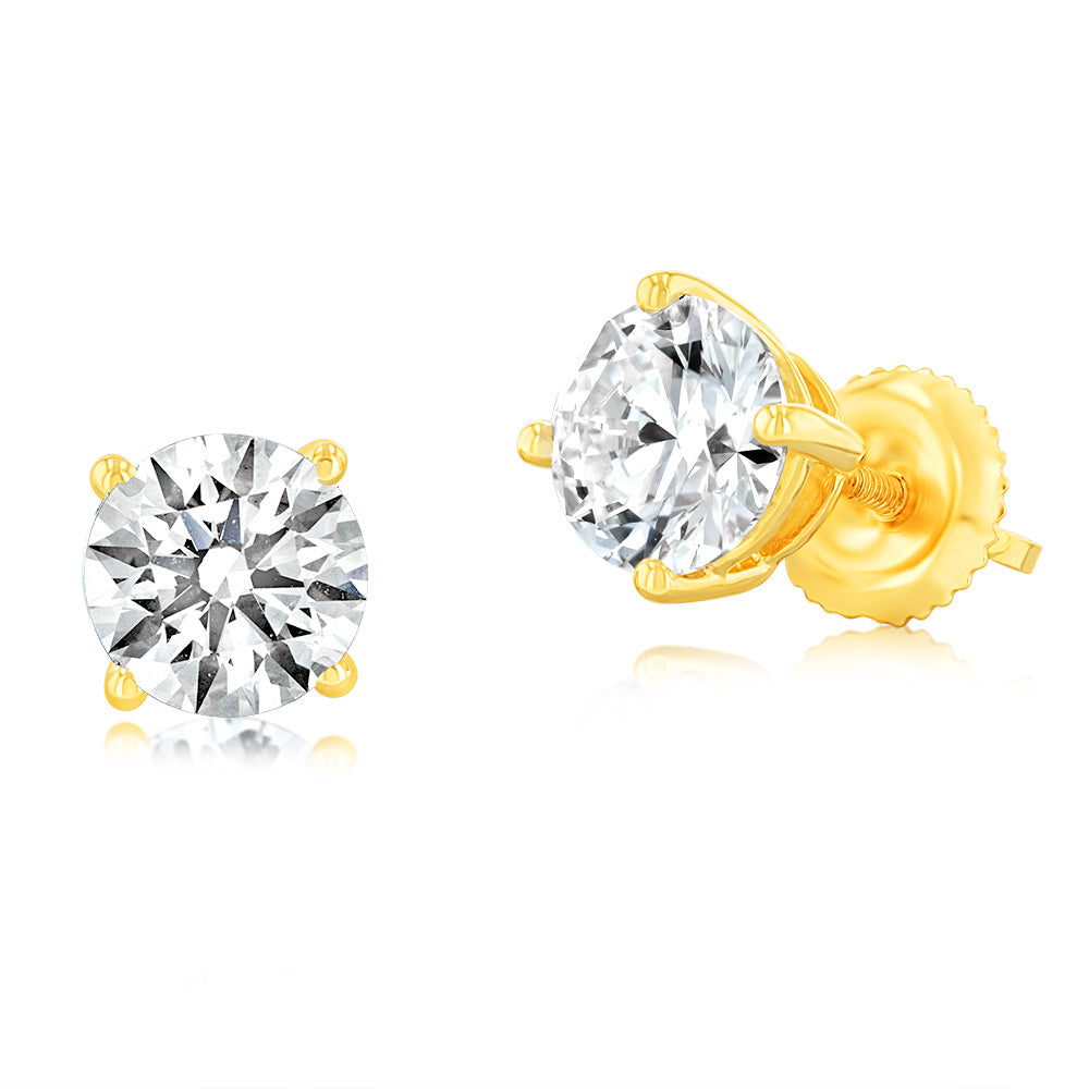 Luminesce Lab Grown 2 Carat Diamond Screwback Solitaire Earrings in 14ct Yellow Gold