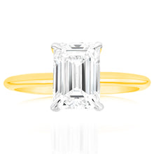 Load image into Gallery viewer, Luminesce Lab Grown Certified 2 Carat Diamond Emerald Cut Engagement Ring in 18ct Yellow Gold