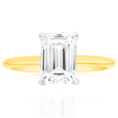 Luminesce Lab Grown Certified 2 Carat Diamond Emerald Cut Engagement Ring in 18ct Yellow Gold