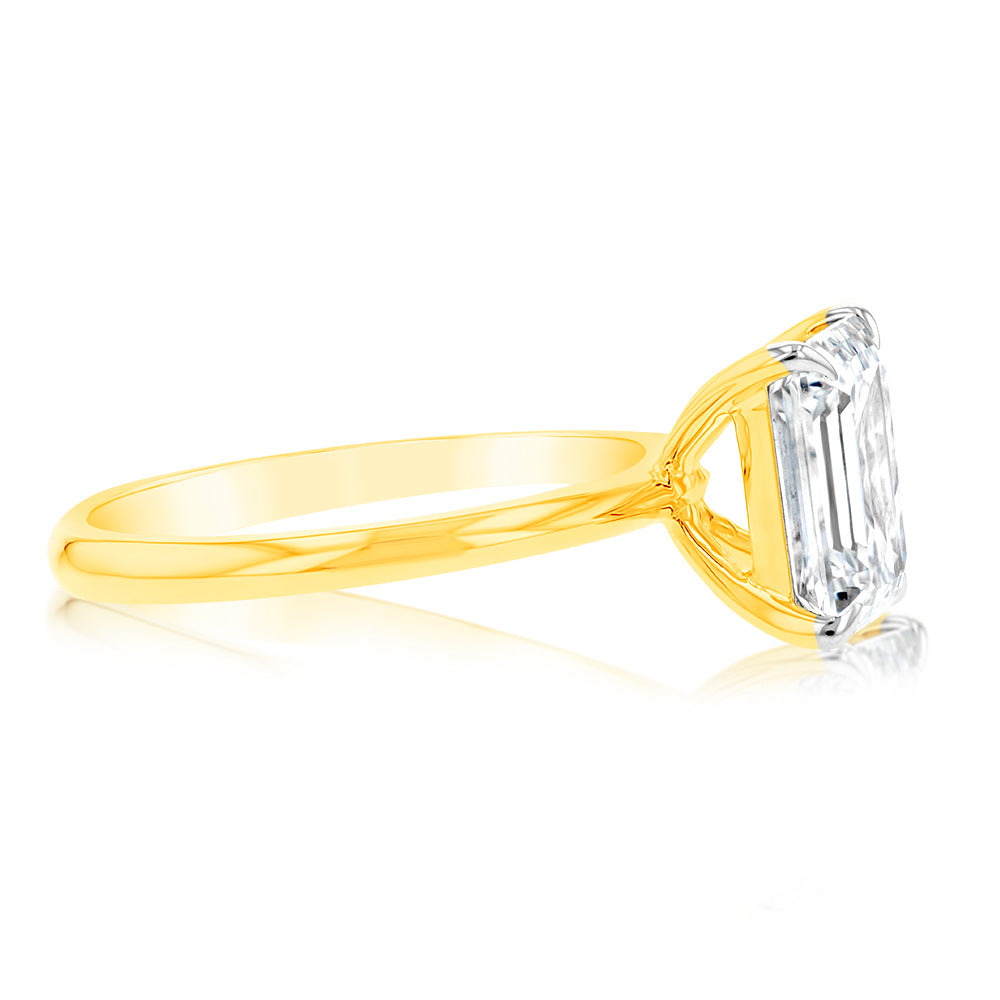 Luminesce Lab Grown Certified 2 Carat Diamond Emerald Cut Engagement Ring in 18ct Yellow Gold