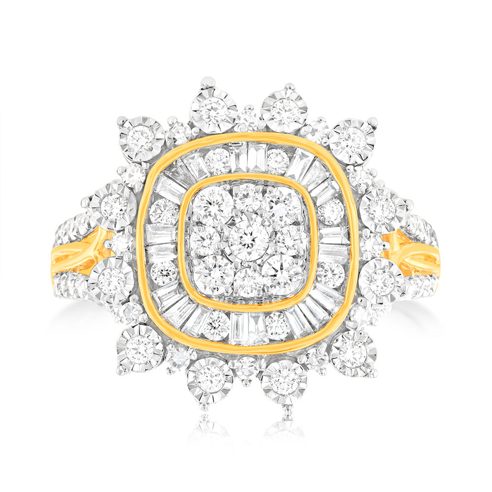 Luminesce Lab Grown 1 Carat Diamond Cushion Cluster Ring in 9ct Yellow Gold