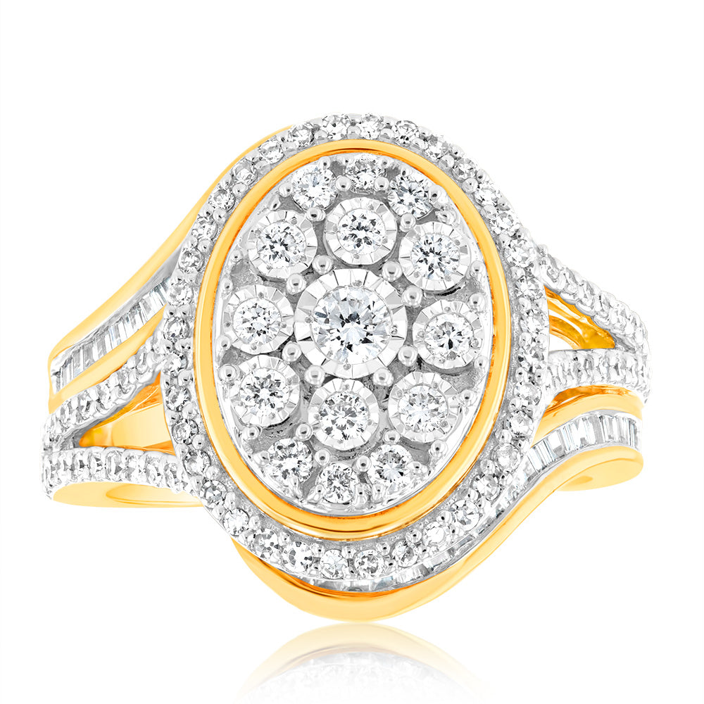 1Carat Luminesce Lab Grown 93Brilliant cut & 44Tappered cut Diamonds in 9ct Yellow gold