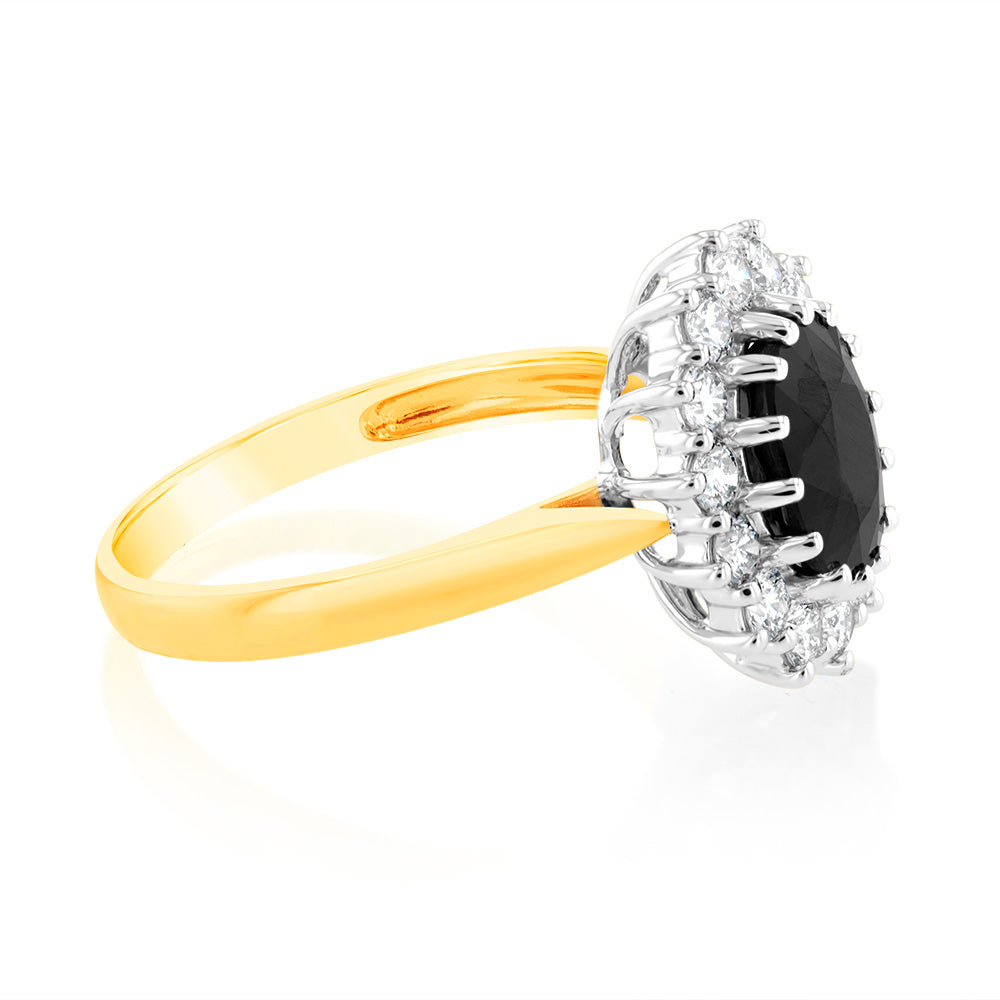 Luminesce Lab Grown 0.70Ct Diamond & 2.6Ct Natural Black Sapphire 9x7mm Ring in 9ct Yellow Gold