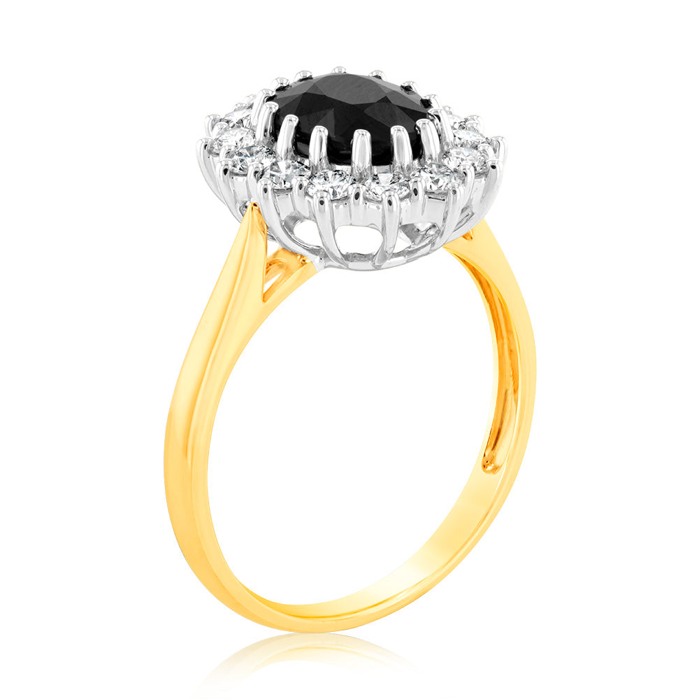 Luminesce Lab Grown 0.70Ct Diamond & 2.6Ct Natural Black Sapphire 9x7mm Ring in 9ct Yellow Gold