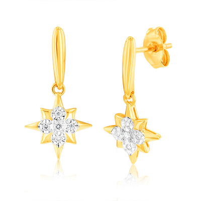 Luminesce Lab Grown 9ct Yellow Gold Star Shaped Drop Earrings in 10 Diamonds