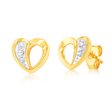 Load image into Gallery viewer, Luminesce Lab Grown Heart Shaped Stud Earrings With 4 Diamonds in 9ct Yellow Gold