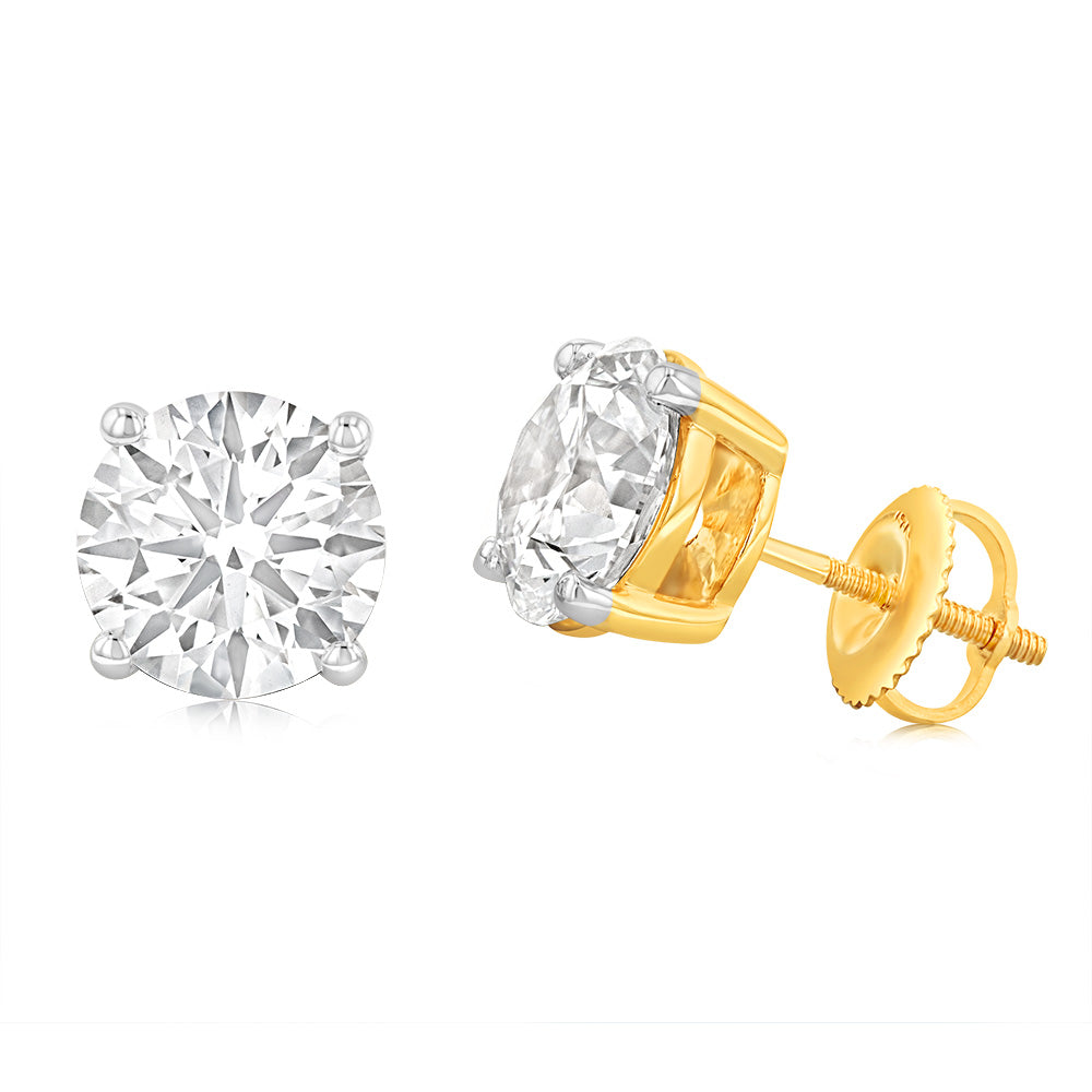 Luminesce Lab Grown 4 Carat Solitaire Diamond Stud Earrings in 14ct Yellow Gold