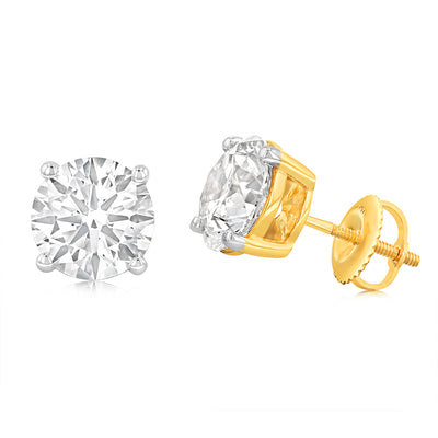 14ct Yellow Gold Luminesce Lab Grown 4 Carat Screwback Solitaire Diamond Stud Earrings