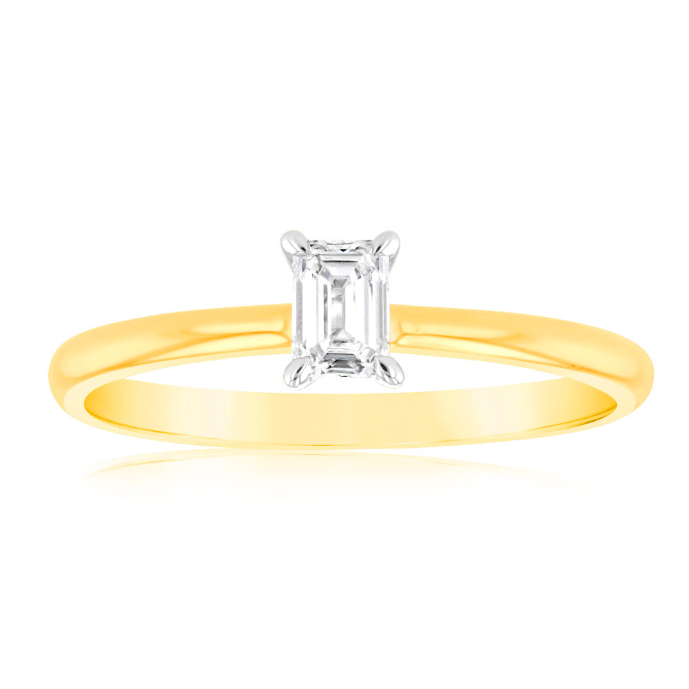 Luminesce Lab Grown 1/4 Carat Emerald Cut Solitaire Diamond Ring in 9ct yellow Gold