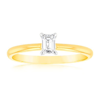 Luminesce Lab Grown 9ct Yellow Gold 1/4 Carat Emerald Cut Solitaire Diamond Ring