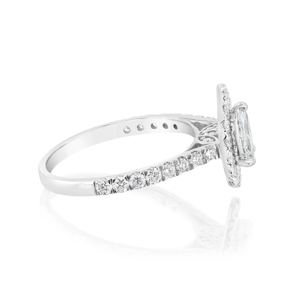 Luminesce Lab Grown 9ct White Gold 1 Carat Diamond Halo Solitaire Ring with Pear Centre Diamond