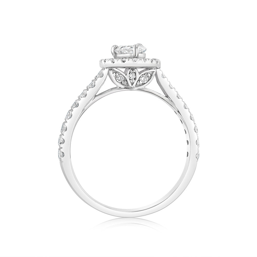 Luminesce Lab Grown 9ct White Gold 1 Carat Diamond Halo Solitaire Ring with Pear Centre Diamond