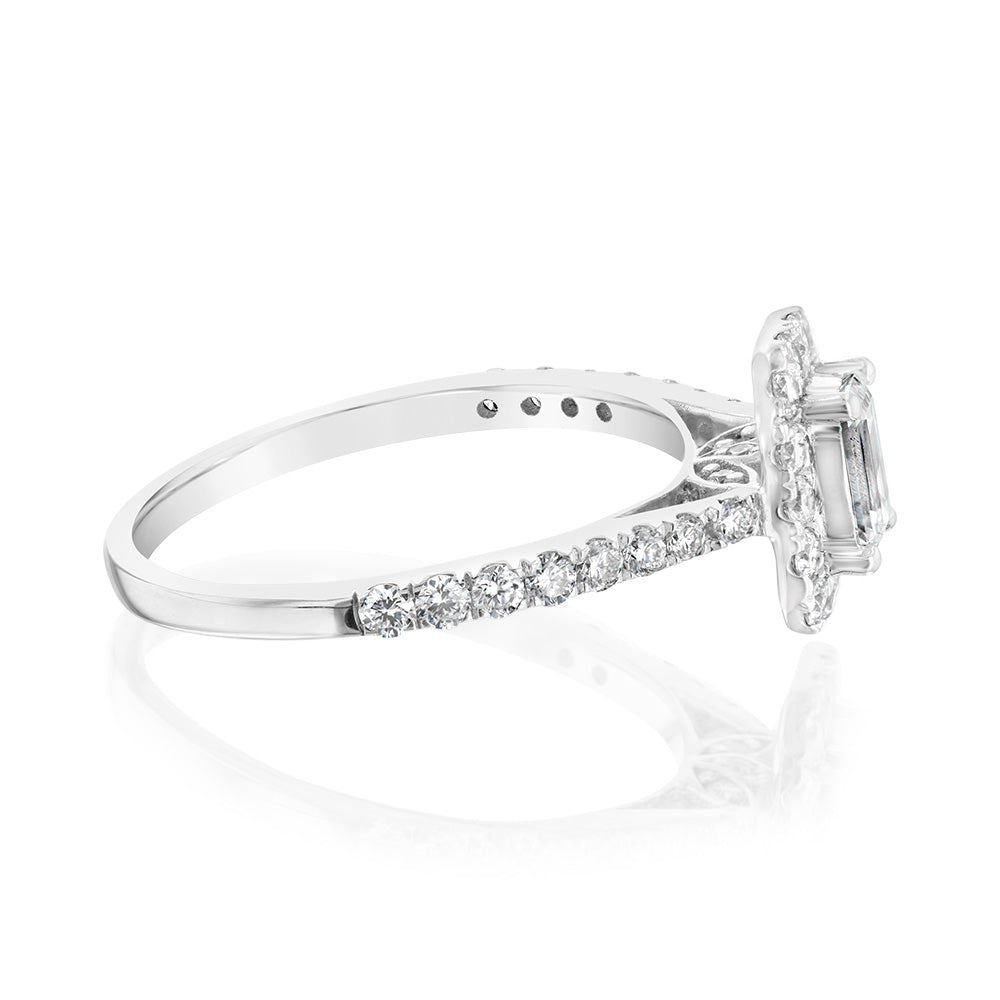 Luminesce Lab Grown 9ct White Gold 1 Carat Diamond Halo Solitaire Ring Emerald Centre Diamond