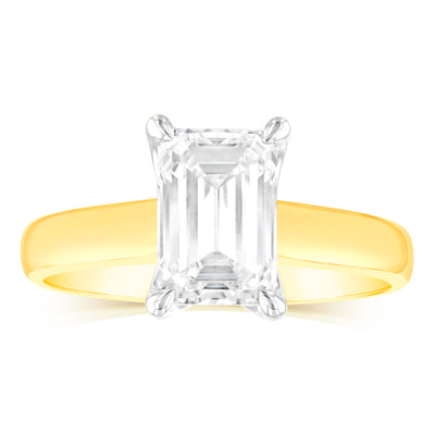 Luminesce Lab Grown Certified 2 Carat Emerald Diamond Engagement Ring in 18ct Yellow Gold