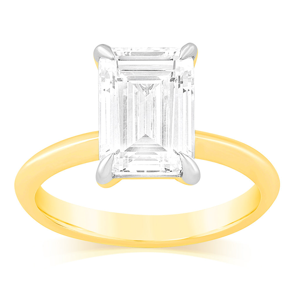 Luminesce Lab Grown Certified 3 Carat Diamond Emerald Cut Engagement Ring in 18ct Yellow Gold