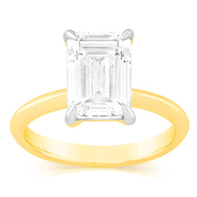 Load image into Gallery viewer, Luminesce Lab Grown Certified 3 Carat Diamond Emerald Cut Engagement Ring in 18ct Yellow Gold