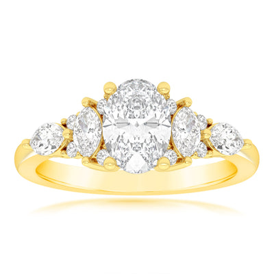 Luminesce Lab Grown 9ct Yellow Gold 1.5 Carat Diamond with 1 Carat Oval Centre Solitaire Fancy Ring