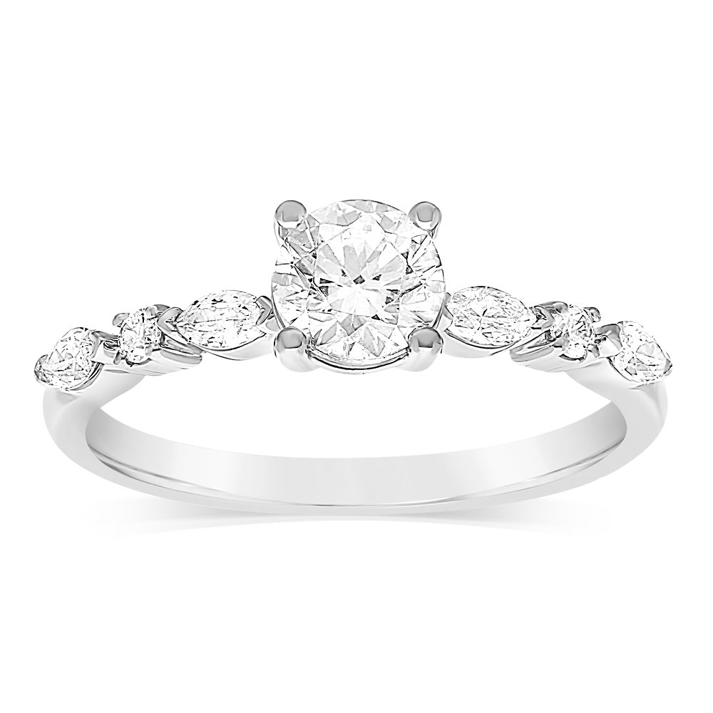 Luminesce Lab Grown Cross 14ct White Gold 1 Carat Diamond Solitaire Fancy Ring with 0.70 Carat Centre Bril Cut Diamond