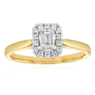 Luminesce Lab Grown 9ct yellow Gold 0.40 Carat Halo Emerald Brilliant Cut Ring