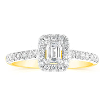 Load image into Gallery viewer, Luminesce Lab Grown 9ct yellow Gold 0.55 Carat Halo Emerald Brilliant Cut Ring