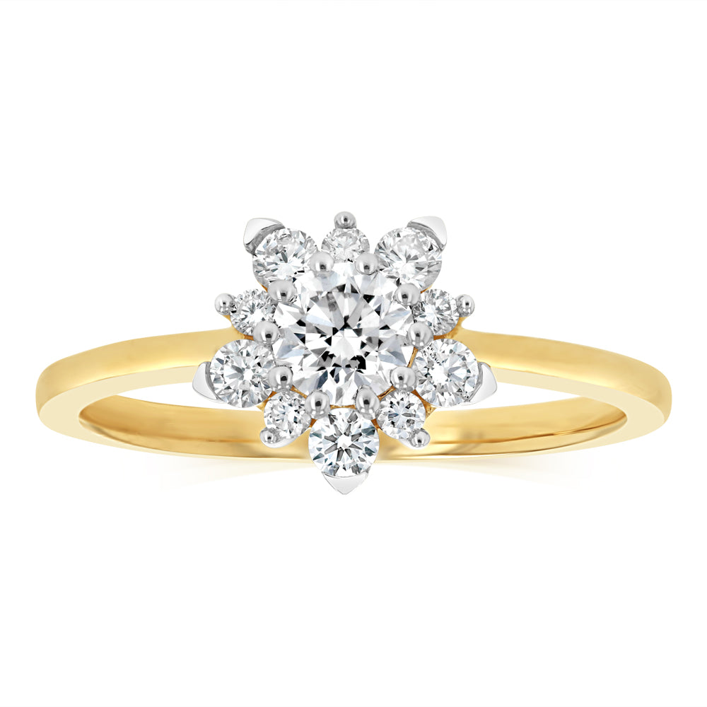 0.75 Carat Luminesce Lab Grown Diamond Flower Shaped Ring in 9ct Yellow Gold